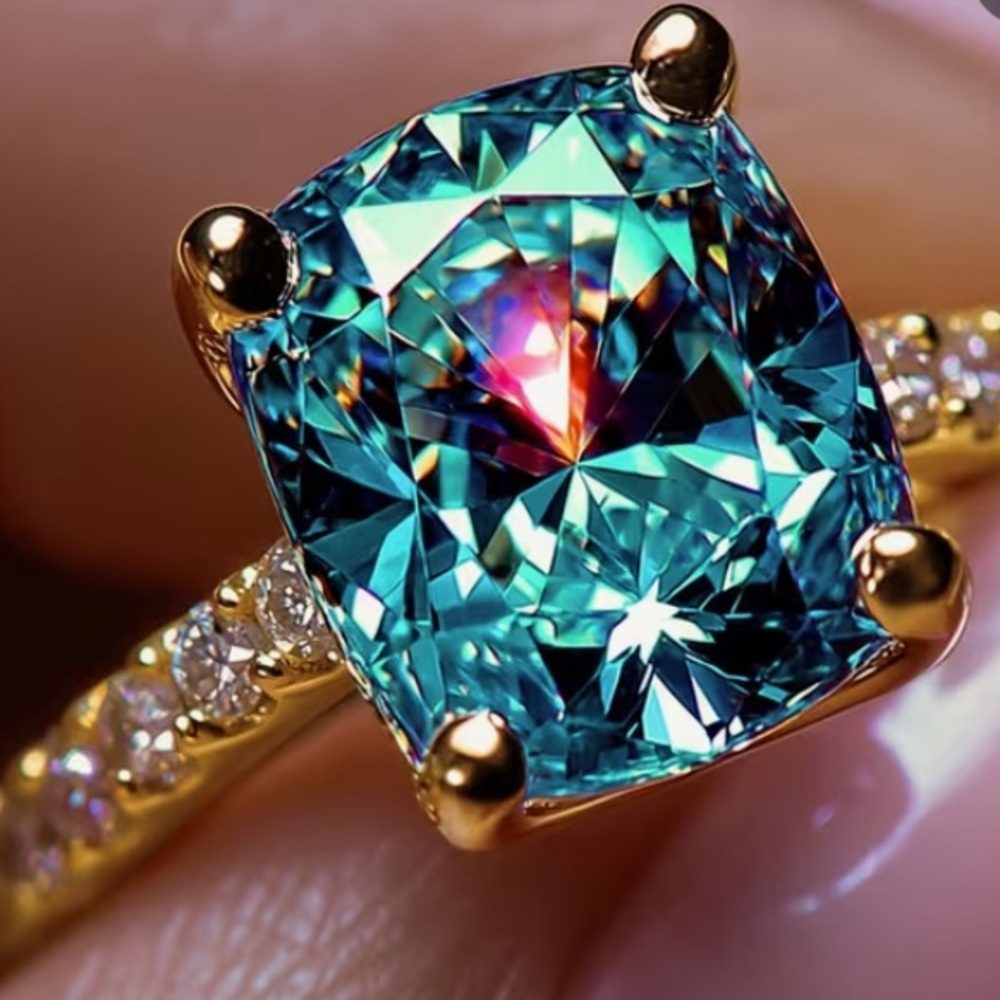 Blue Synthetic Crystal Cushion-Cut Ring with 14 kt Gold Plated Pave’ Band - Picture 5 of 5